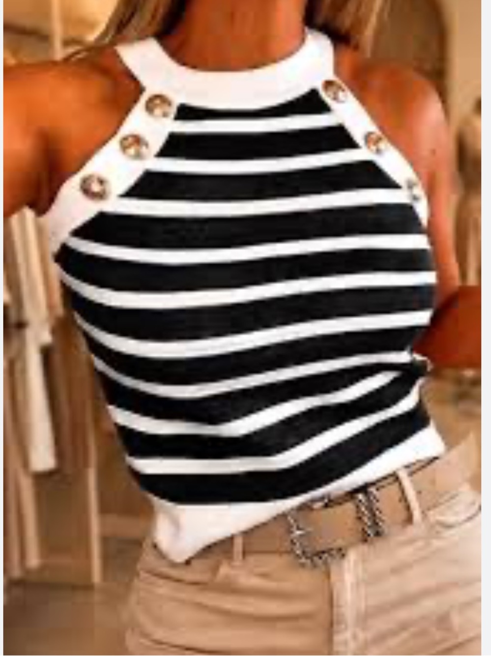 Happily Grey Black White Striped Sweater Tank Gold Anchor Buttons L Nautical